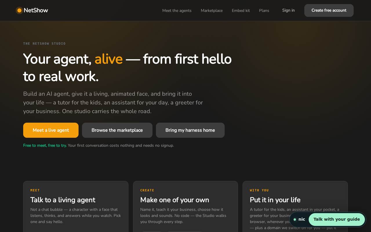 The top of the Studio page: "Your agent, alive — from first hello to real work", with buttons to meet an agent, browse the marketplace and bring your harness home