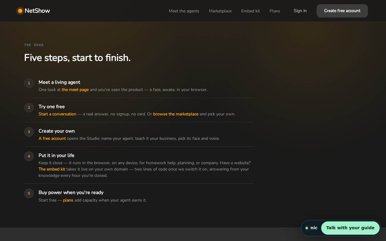 The road section of the Studio page: five steps from meeting a living agent to putting it in your life