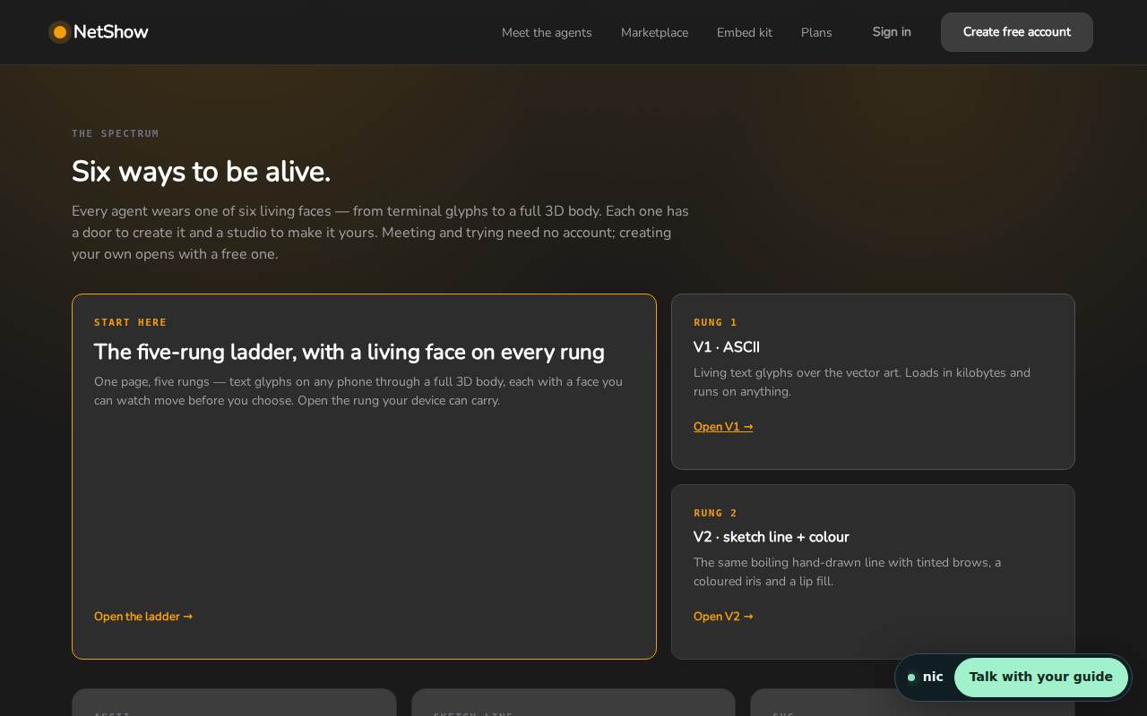 The spectrum section of the Studio page: six ways to be alive, starting with the ladder of faces